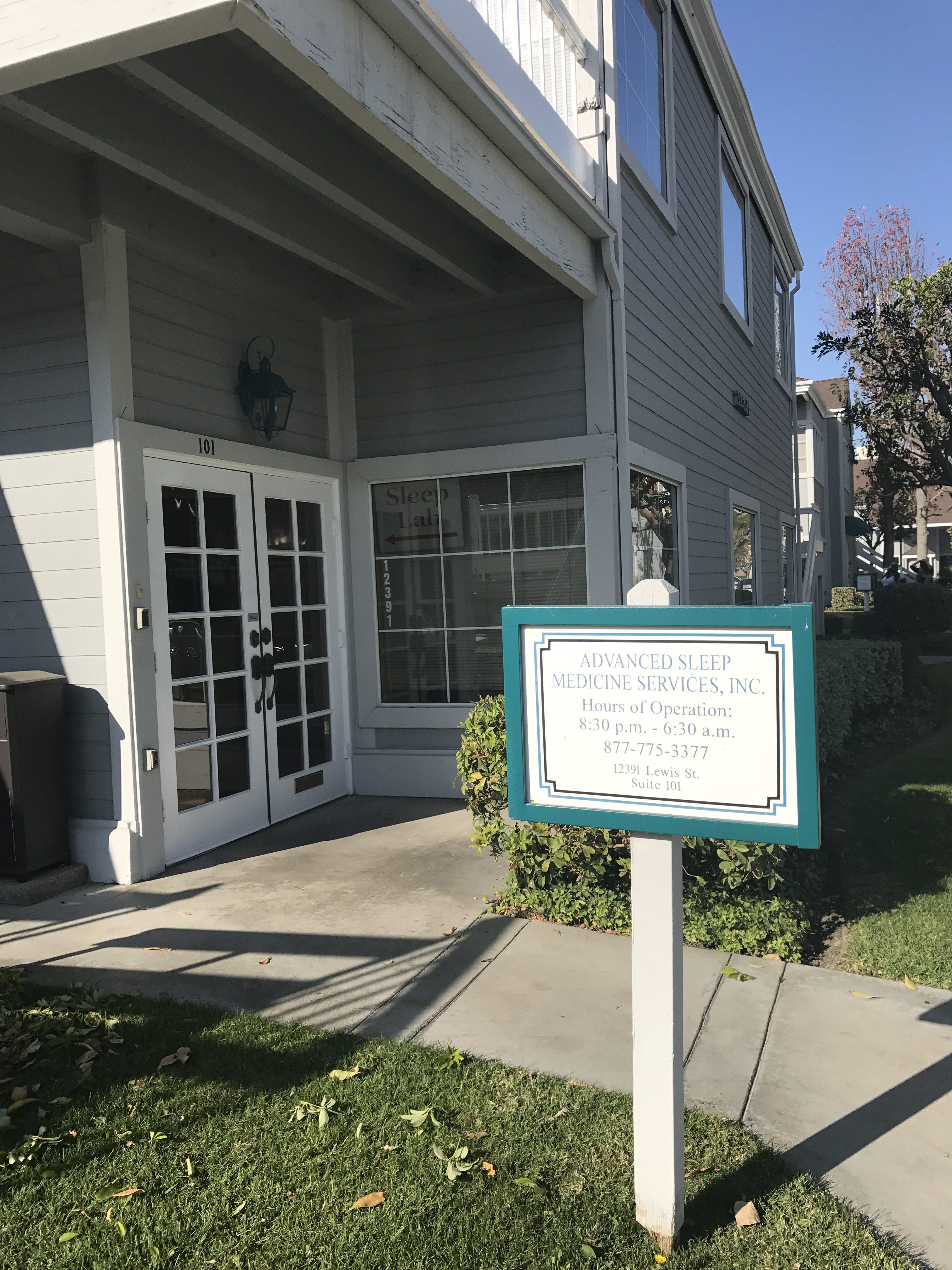 Garden Grove sleep center - Advanced Sleep Medicine Services - Front door with sign